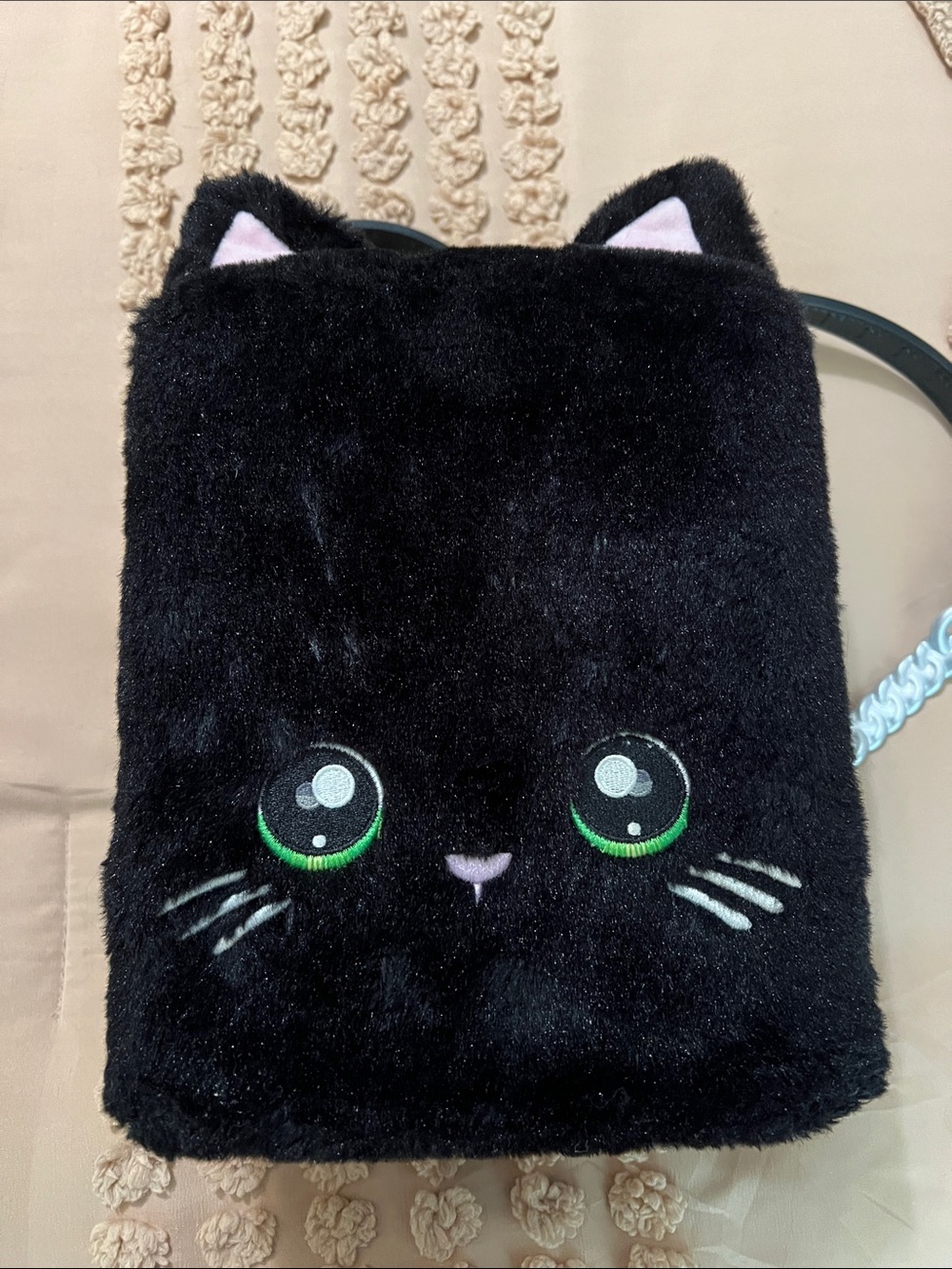 Black Plush Cat Crossbody Bag with Green Eyes -